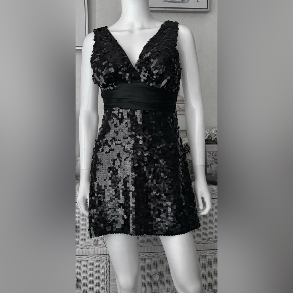 Vintage Y2K Forever 21 Low Cut Neckline Black Round Sequins Mini Dress Size S